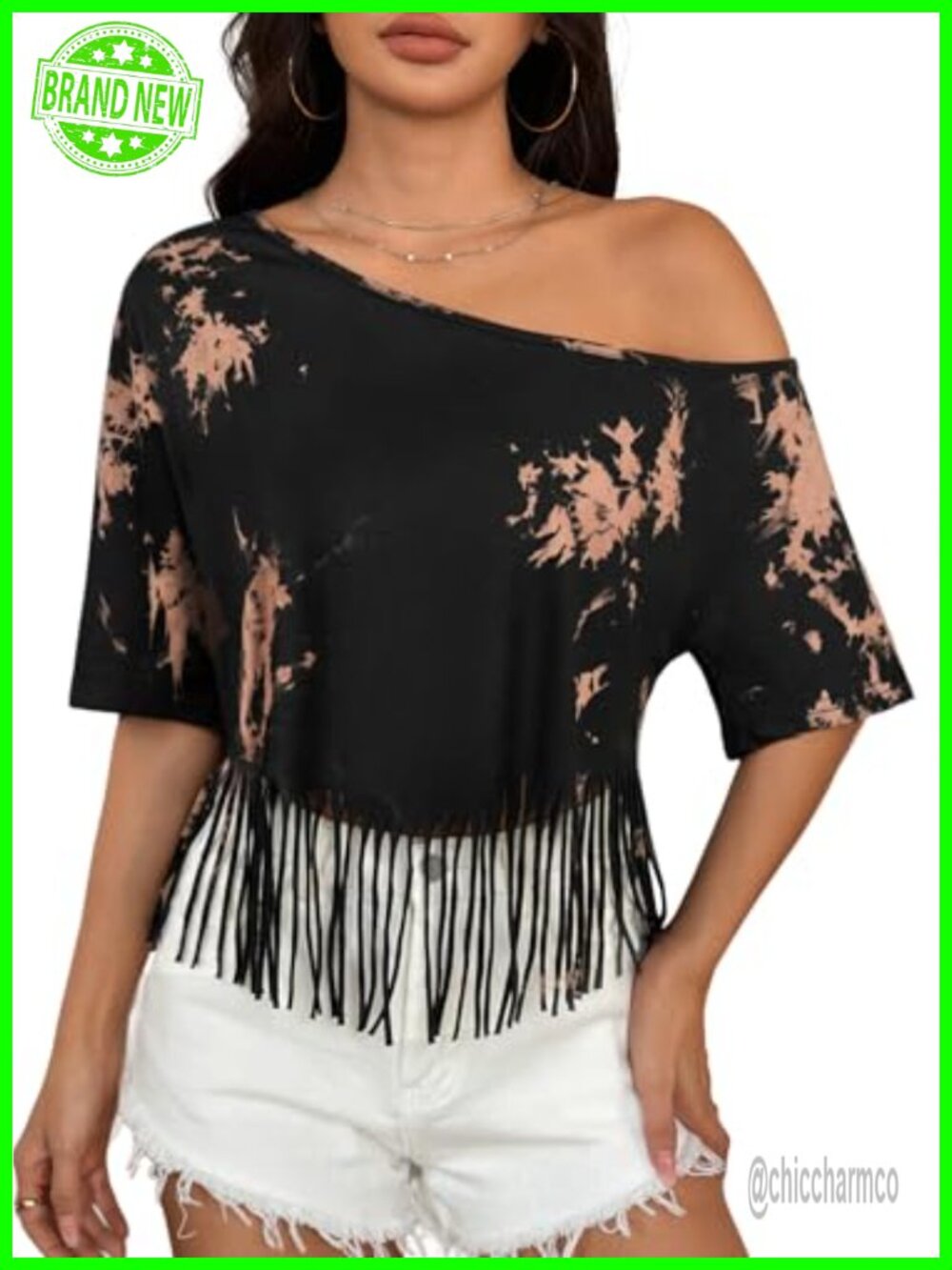 Fringe Off the Shoulder Crop Top Asymmetrical Neck Short Sleeve Women's